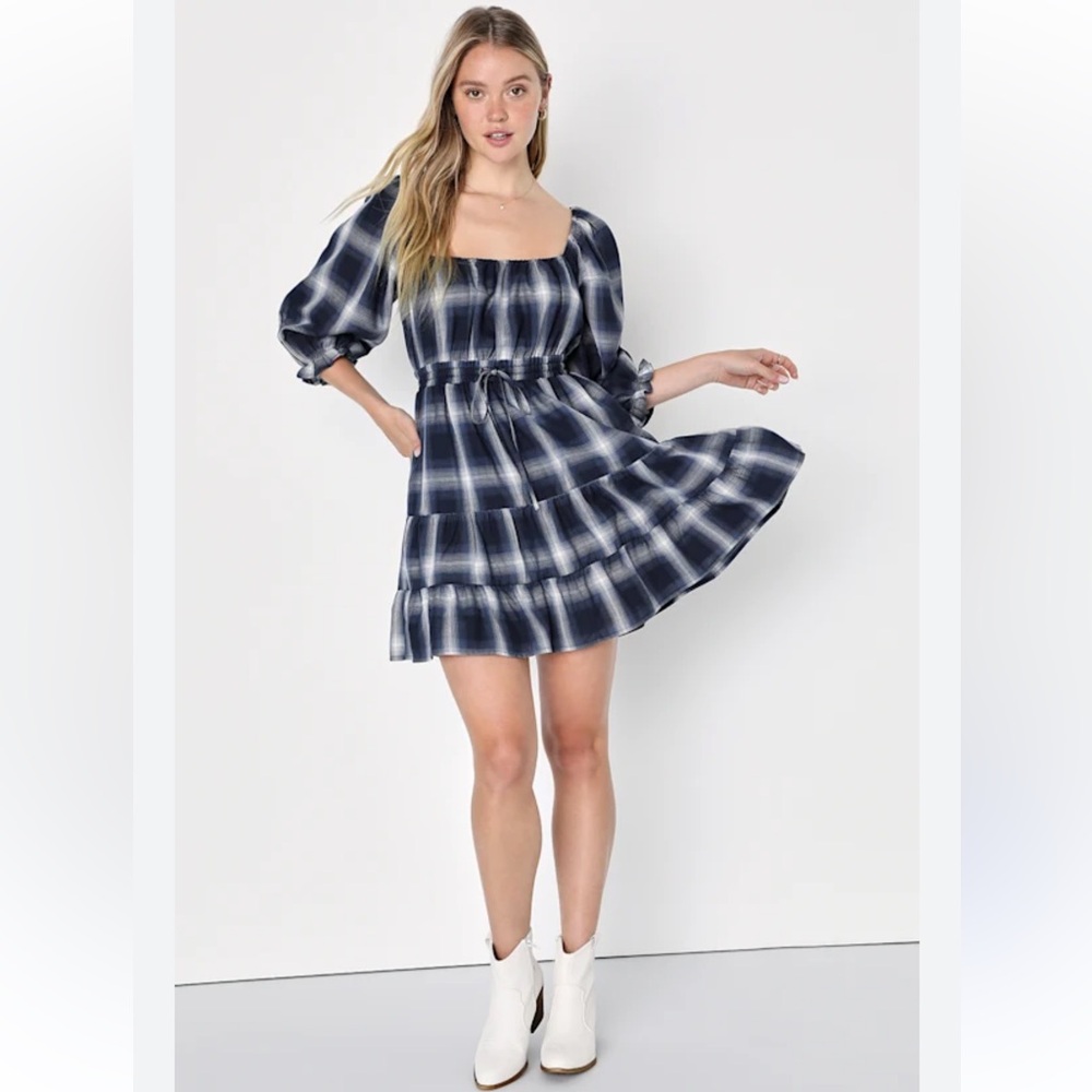 5 for $25!! Lulus Flirty Forecast Navy Blue Plaid Tiered Half Sleeve Mini Dress